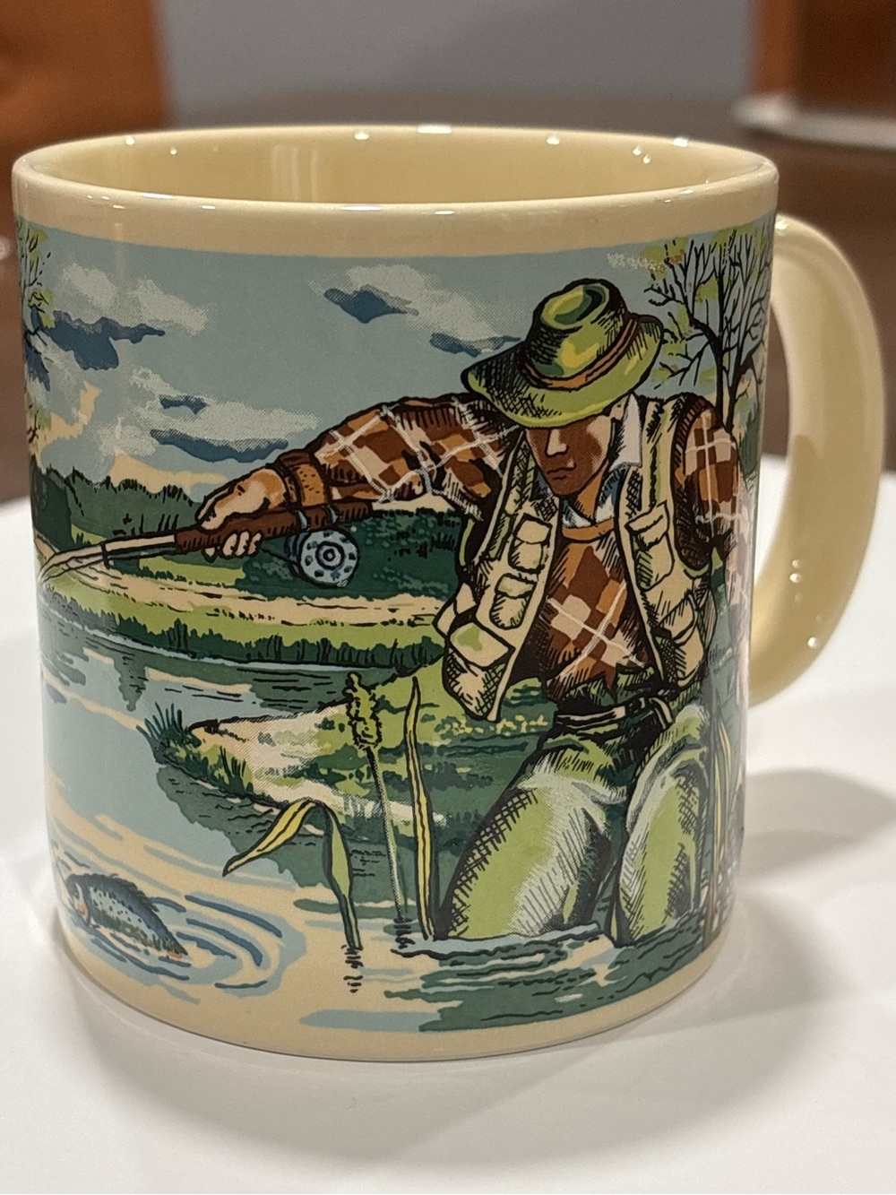 Vintage RUSS fly fishing coffee mug, idyllic cabin core vibes. Dad gift